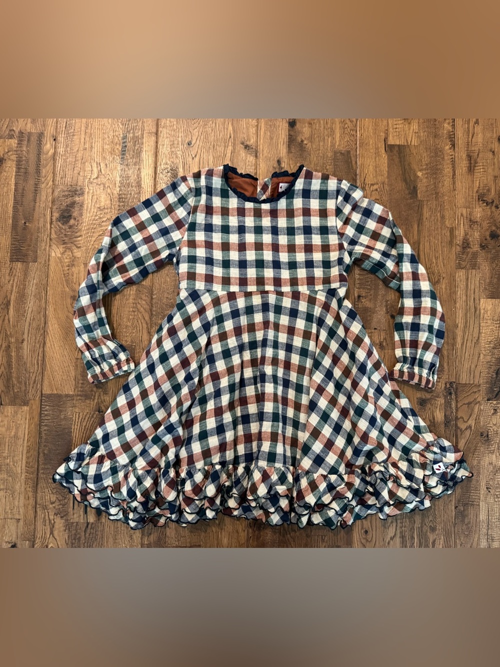 Sweet Honey Checkered Brown Navy Dress Ruffles Twirl Girls Size 10 12